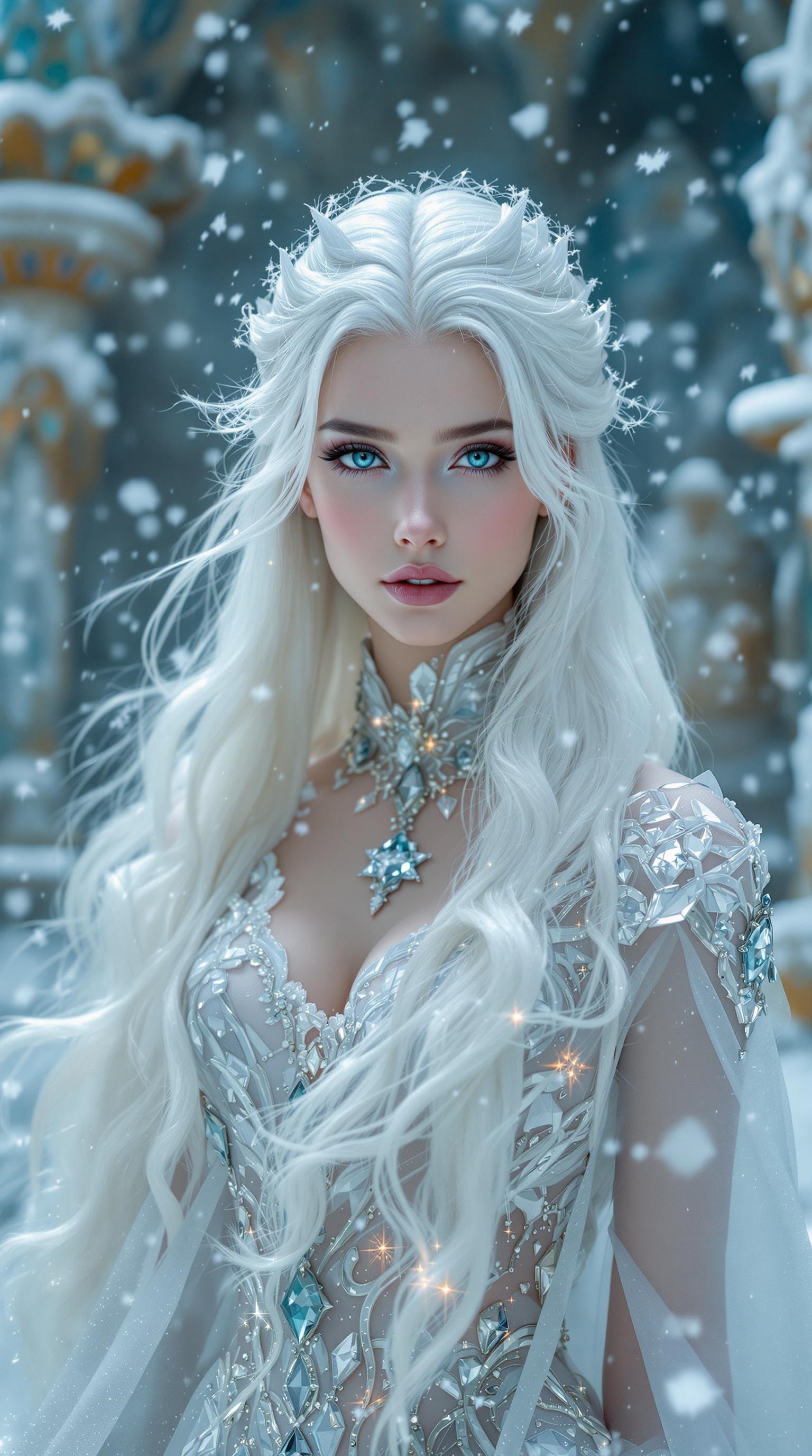 Stunning beautiful, masterpiece, best quality, extremely detailed photo, super realistic photo, dramatic photo, spiritual, magical mysterious atmosphere, professional photo, Snow Queen, young beautiful woman with long white hair, snow queen stands in the middle of a fairytale crystal castle, epic scene from a fairytale movie, The Snow Queen summons a blizzard, photo in motion, castle made of ice and crystal, pale porcelain skin, crystal eyes, hair white as snow, straight hair, hair fluttering in the wind, blizzard, snow falling, wind, dress fluttering in the wind, long translucent dress made of ice and crystal, dress inlaid with silver and precious stones, dress made of light weightless fabric, beautiful open  dress flows over the body,large chest, feminine figure, glare from snow on face, frost on eyelashes, masterpiece, detailed, best quality, highly detailed portrait, high quality, 34K uhd, masterpiece, high detail, 8k