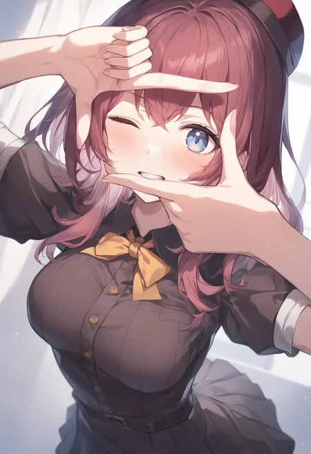 1girl, <lora:sdxl2-flat2-512b:-1>,medium breasts,
<lora:fingerframeXLv2:1>,finger frame, looking at viewer, arm up, one eye closed, hands up,
best quality,medium quality,