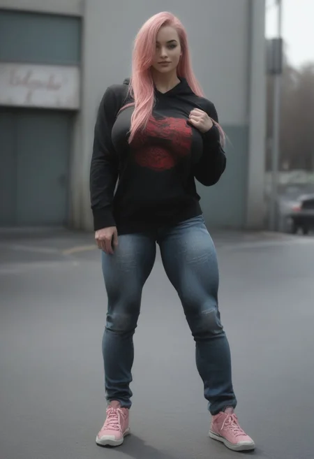 <lora:Mustonk-PonyXL-1024px:0.9>
score_5_up,
1girl, muscular female, veins, pink hair, absurdly long hair, solo, huge breasts,huge nipples, long hair, hair over one eye, parted lips, realistic, ultra realistic, looking at viewer, seductive smile, seductive eyes,
hoodie, jeans, sneakers, waiting for viewer outside gym, nipple bulge, coverd nipples,