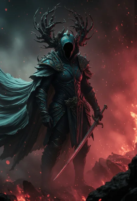 extreme hkevil face closeup movie portrait, FredFraiStyle long haired shrouded Silhouette of a skeleton Knightess with towering billowing Hair and neon turquoise White Cape, Standing Battle ready with powerful thin Long sword, vibrant red/beige Gradient, Highly detailed anime-style close-up action scene of a knight in intricately patterned armor. The focus is on the knight’s sword, showcasing the deep black of light that trails with the swift motion of the weapon, capturing the dynamic speed of the fighter. The scene is set in a misty, fog-filled night with a vibrant color palette with deep blacks. The background is hazy, while motion streaks and dynamic lighting enhance the sense of speed and intensity, with the knight’s glow piercing through the mist.