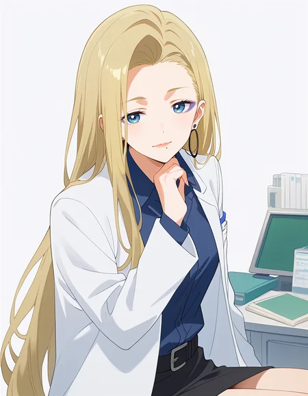 score_9, score_8_up, score_7_up, score_6_up, BREAK masterpiece, best quality,high quality:0.5, very aesthetic, absurdres, 1girl, female sitting, hand on chin, <lora:konuki_sensei_ponyDiffusionV6XL_1368_v1.1:1>, konuki sensei, blonde hair, long hair, blue eyes, purple eyeliner, mole under mouth, hoop earrings, labcoat, blue shirt, collared shirt, black belt, black skirt, white background, simple background, head slightly tilt,