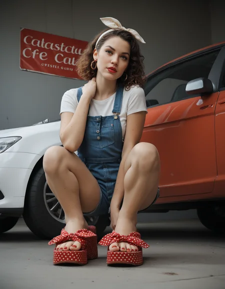 score_9, score_8_up, score_7_up, score_6_up, score_5_up, score_4_up,
classiccars, in style of old timer,
BREAK,
from below, (foreshortening:1.3),
1girl, solo, r0ckabilly, lipstick, earrings, tattoo, curly hair, white hairband,
tube top, bib overalls,
medium breasts,
(squatting), leaning on a car,
color grading, detailed background,
BREAK,
m1nn1e sandals, feet, toes, foot focus,
red toenail polish,
embedding:zPDXL2 ,