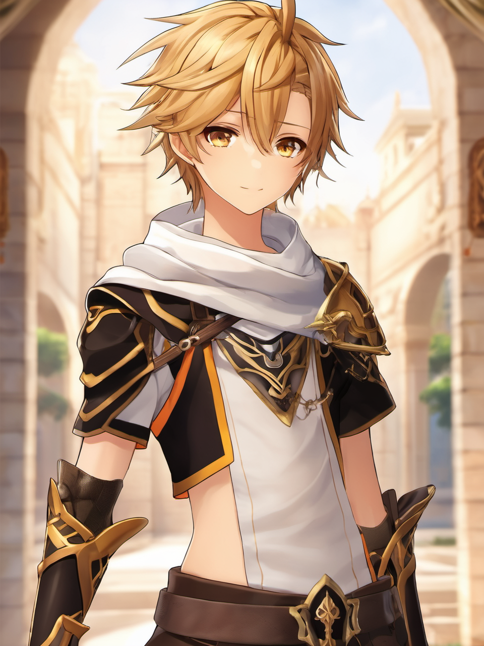 anime artwork <lora:Aether-Genshin-ImpactV1.2:0.65>, a photo of young boy aether, ahoge, black gloves, blonde hair, golden eyes, complex background, brown shirt, earrings, white scarf, braid, standing with serious looking, high quality, 8k, soft shadows, dystopia, full body shot , (masterpiece, best quality, ultra-detailed, best shadow), shoulder armor, armor, magic, (detailed background),depth of field, (male, young boy), symbol-shaped_pupils, looks like 15 years old, sora, curly blonde hair with braid on the back, detail shot, short sleeves, bellybutton shown a little . anime style, key visual, vibrant, studio anime,  highly detailed