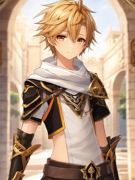 anime artwork <lora:Aether-Genshin-ImpactV1.2:0.65>, a photo of young boy aether, ahoge, black gloves, blonde hair, golden eyes, complex background, brown shirt, earrings, white scarf, braid, standing with serious looking, high quality, 8k, soft shadows, dystopia, full body shot , (masterpiece, best quality, ultra-detailed, best shadow), shoulder armor, armor, magic, (detailed background),depth of field, (male, young boy), symbol-shaped_pupils, looks like 15 years old, sora, curly blonde hair with braid on the back, detail shot, short sleeves, bellybutton shown a little . anime style, key visual, vibrant, studio anime, highly detailed