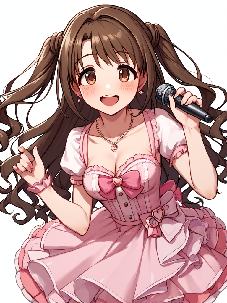 score_9,score_8_up,score_7_up, <lora:idolmaster_cinderella_all:1>ï¼1girl, blush, brown eyes, brown hair, cleavage, highres, long hair, looking at viewer, microphone, necklace, open mouth, pink dress, pink ribbon, shimamura uzuki, skirt, smile, solo
