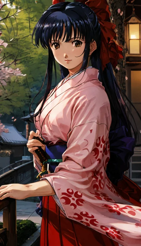 <lora:shinguuji_sakura-pony-1.0:1>,score_9,source_anime,shinguuji sakura,japanese clothes,1girl,