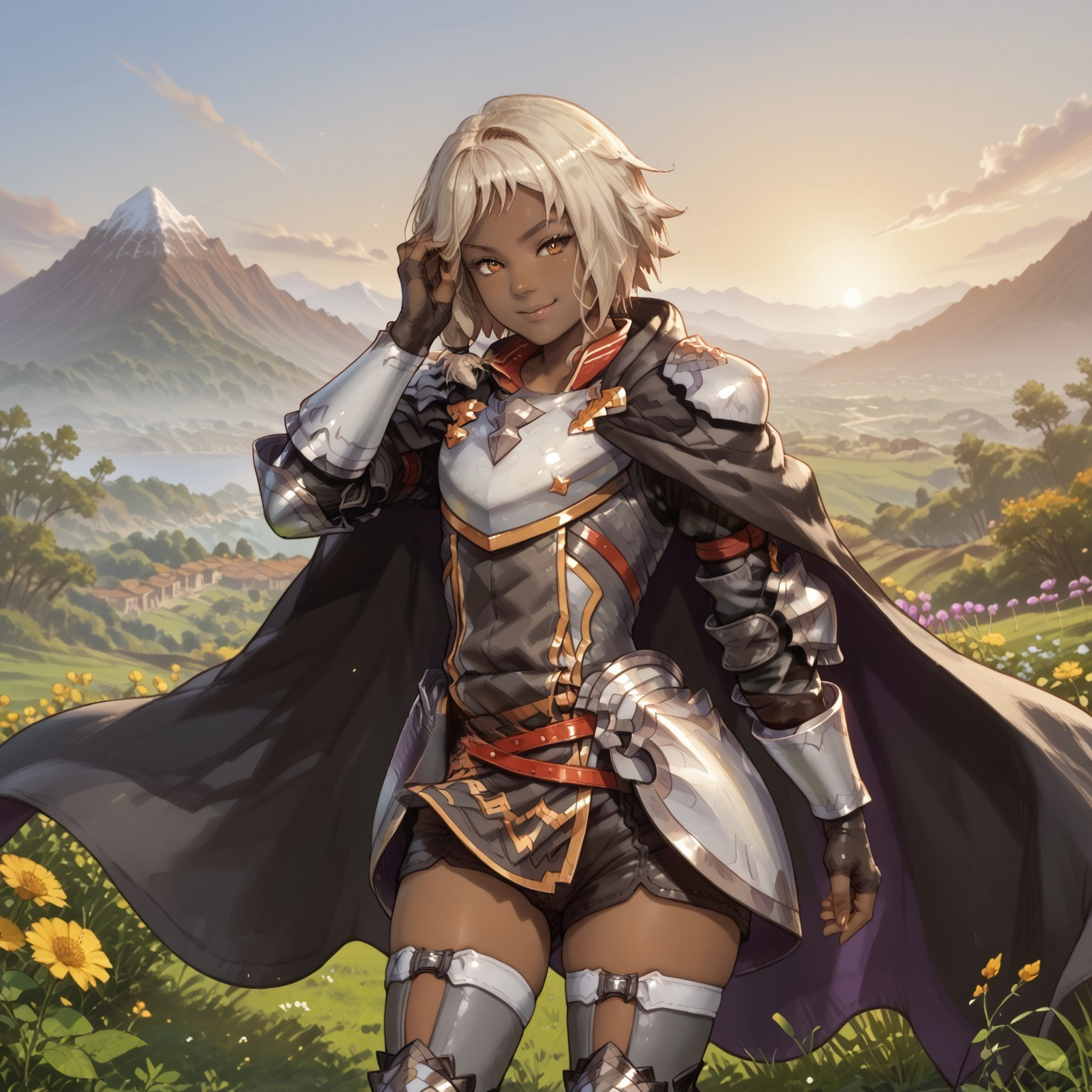 safe_pos, safe_pos, score_9, score_8_up, score_8, score_7_up, score_7, ExpressiveH, (torso) BREAK 1girl, solo, Patia, (dark skin:1, dark-skinned female:1), short hair, defaultpatia, armor, cape, fingerless gloves, gloves, ((broad hips)), thick thighs, looking at viewer, head tilt, seductive look, aroused, horny, standing, oiled skin, hand in hair, looking at viewer, lips parted, blushing, mischievous smile BREAK garden, sunset, orange sky, purple sky, mountainous horizon
