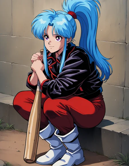 masterpiece, best quality, newest, highres, absurdres,
<lora:Botan_IL_v1-000008:0.8>, botan, blue hair, purple eyes, parted bangs, sidelocks, ponytail, light smile,
weapon, boots, white footwear, baseball bat, holding baseball bat, jacket, pants, red pants, outdoors, holding, black jacket, wall,