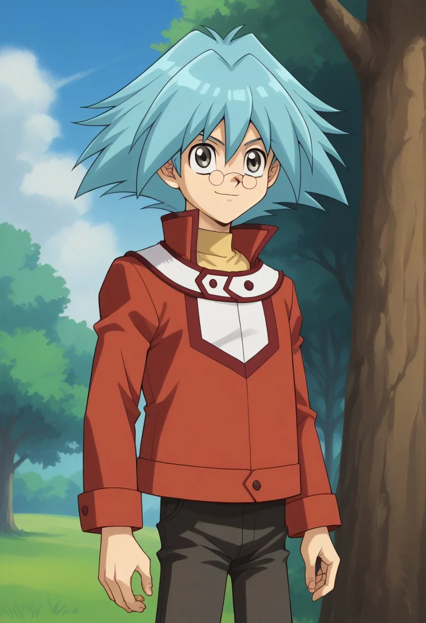 score_9, score_8_up, score_7_up, source_anime, highly detailed,
ShoMarufuji, solo, 1boy, male focus, glasses, smile, blue hair, spiked hair, grey eyes, pince-nez, pants, red slifer uniform, red jacket, black pants, long sleeves, upper body,
outdoor, sky, tree