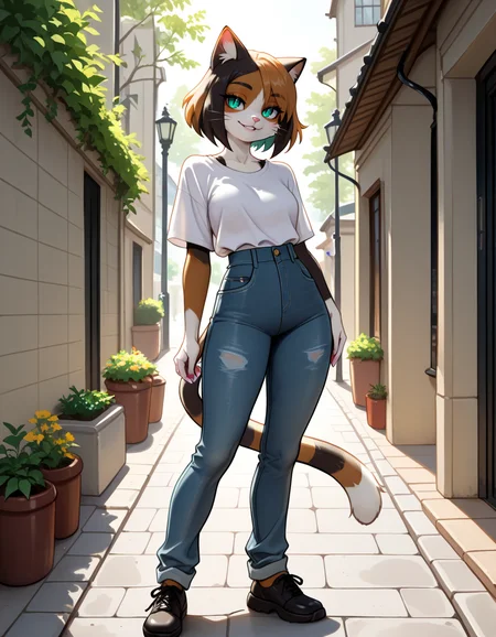 masterpiece, best quality, very aesthetic, absurdres,
outdoors, casual, 
full body, standing, posing, 
seductive smile, parted lips, long eyelashes,
 <lora:Kawa_v01_NAIXL:1>
K4w4,1girl,solo,furry,furry female,cat girl,short hair,multicolored hair,cat ears,aqua eyes,slit pupils,snout,animal nose,whiskers,body fur,two-tone fur,cat tail,striped tail,
