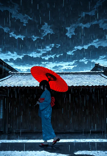 scenery, wide shot, off-center, 1girl, from side, walking, holding oil-paper umbrella, old japanese countryside, black hair, hime cut, kimono, japanese clothes, (rain:0.85), dark cloud, gradient cloud, evening, winter, dark theme, no lineart, watercolor \(medium\), crisp edges, flat lighting, flat color, flat design, (intense shadow:1.2), blurry foreground, masterpiece, best quality, amazing quality, very aesthetic, absurdres, newest,