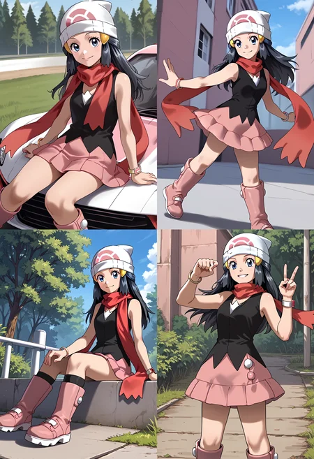 __femalePosesWildcard400_v10/female-poses__,  smile,  outdoors, 1girl, <lora:DawnPony:1> Dawn_PD, long hair, black hair, blue eyes, hair ornament, beanie, white headwear, red scarf, sleeveless shirt, black shirt, bracelet, pink skirt, boots, pink footwear,