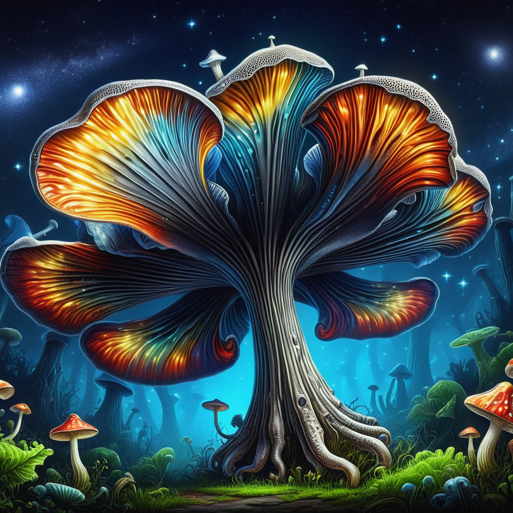 ((best quality)), ((masterpiece)), (hyper detailed), Pewter Giant Trumpet-shaped Gilled mushroom, Warty, Tough, Cooperative Nutrient Absorption, Vastness, Stellate,  Vibrant Gills with Short Gills, Disintegrating Veil,  Venomous, , <lora:DonMF41ryW1ng5XL:1>