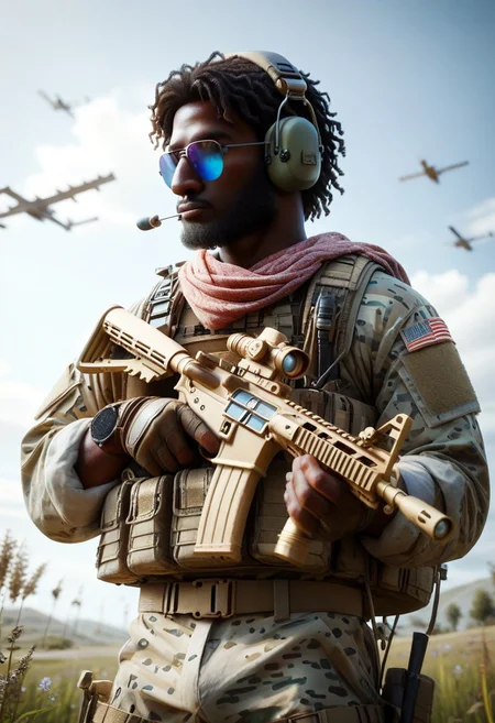 score_9, score_8_up, score_7_up, score_6_up, score_5_up, score_4_up, masterpiece, trending on artstation, high quality, Pixel-perfect precision, pristine detail, 8K resolution, high fidelity, Insane quality, <lora:Holding_Weapon_Lora_-_For_Pony_models:1> ho1ding-weap0n, 1boy, holding rifle, military, standing