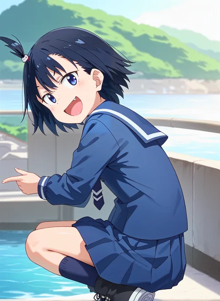 score_9,score_8_up,score_7_up,source_anime,anime,nsfw,rating_explicit,uncensored,High quality,Ultra detailed,best quality,insanely detailed,beautiful,masterpiece,perfect lighting BREAK
<lora:hodaka_natsumi_V1:1>,(hodaka_natsumi, black hair, short hair, blue eyes, hair ornament, one side up,fang,winter uniform,necktie, sailor collar,serafuku,blue shirt,long sleeves, blue skirt, pleated skirt, blue socks,sneakers),1girl,solo,laughing,looking_back,outdoors,sea,embankment,looking_at_viewer,from_side,