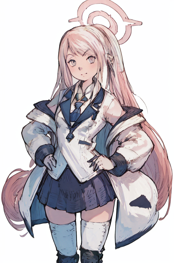 (Yoshida_Akihiko_PonyXL_style_v02.10.01) koyuki-default, koyuki \(blue archive\),pink eyes,symbol-shaped pupils,pink hair,very long hair, twintails,halo,white jacket,blue necktie,id card,collared shirt,pleated skirt, smile,white thighhighs,knee pads, white footwear pink halo, stand, hands on hips, looking at viewer, front view, white background, (Bravely Default Style), yoshida akihiko, black skirt, white shirt, pink halo, pink eyes, smile, squared id card, (white coat:1.4), smile, black hairbands, detailed hands, <lora:pony\char\game\ba\koyuki_blue archive_PONY_last.safetensors>, <lora:pony\style\Yoshida_Akihiko_PonyXL_style_v02.10.01.safetensors>, <lora:styles\yoshida_akihiko_offset.safetensors>, <lora:styles\BravelyDefault.safetensors>, <checkpoint:[Pony] duchaitenPonyXLNo_v35.safetensors>, <checkpoint:[SD15] tfmCutesyAnime2_genesis.safetensors>