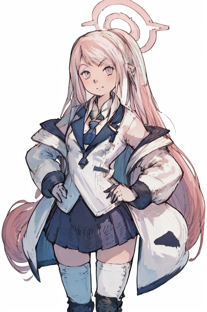(Yoshida_Akihiko_PonyXL_style_v02.10.01) koyuki-default, koyuki \(blue archive\),pink eyes,symbol-shaped pupils,pink hair,very long hair, twintails,halo,white jacket,blue necktie,id card,collared shirt,pleated skirt, smile,white thighhighs,knee pads, white footwear pink halo, stand, hands on hips, looking at viewer, front view, white background, (Bravely Default Style), yoshida akihiko, black skirt, white shirt, pink halo, pink eyes, smile, squared id card, (white coat:1.4), smile, black hairbands, detailed hands, <lora:pony\char\game\ba\koyuki_blue archive_PONY_last.safetensors>, <lora:pony\style\Yoshida_Akihiko_PonyXL_style_v02.10.01.safetensors>, <lora:styles\yoshida_akihiko_offset.safetensors>, <lora:styles\BravelyDefault.safetensors>, <checkpoint:[Pony] duchaitenPonyXLNo_v35.safetensors>, <checkpoint:[SD15] tfmCutesyAnime2_genesis.safetensors>