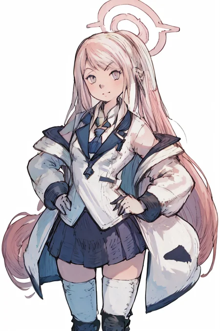 (Yoshida_Akihiko_PonyXL_style_v02.10.01) koyuki-default, koyuki \(blue archive\),pink eyes,symbol-shaped pupils,pink hair,very long hair, twintails,halo,white jacket,blue necktie,id card,collared shirt,pleated skirt, smile,white thighhighs,knee pads, white footwear pink halo, stand, hands on hips, looking at viewer, front view, white background, (Bravely Default Style), yoshida akihiko, black skirt, white shirt, pink halo, pink eyes, smile, squared id card, (white coat:1.4), smile, black hairbands, detailed hands, <lora:pony\char\game\ba\koyuki_blue archive_PONY_last.safetensors>, <lora:pony\style\Yoshida_Akihiko_PonyXL_style_v02.10.01.safetensors>, <lora:styles\yoshida_akihiko_offset.safetensors>, <lora:styles\BravelyDefault.safetensors>, <checkpoint:[Pony] duchaitenPonyXLNo_v35.safetensors>, <checkpoint:[SD15] tfmCutesyAnime2_genesis.safetensors>