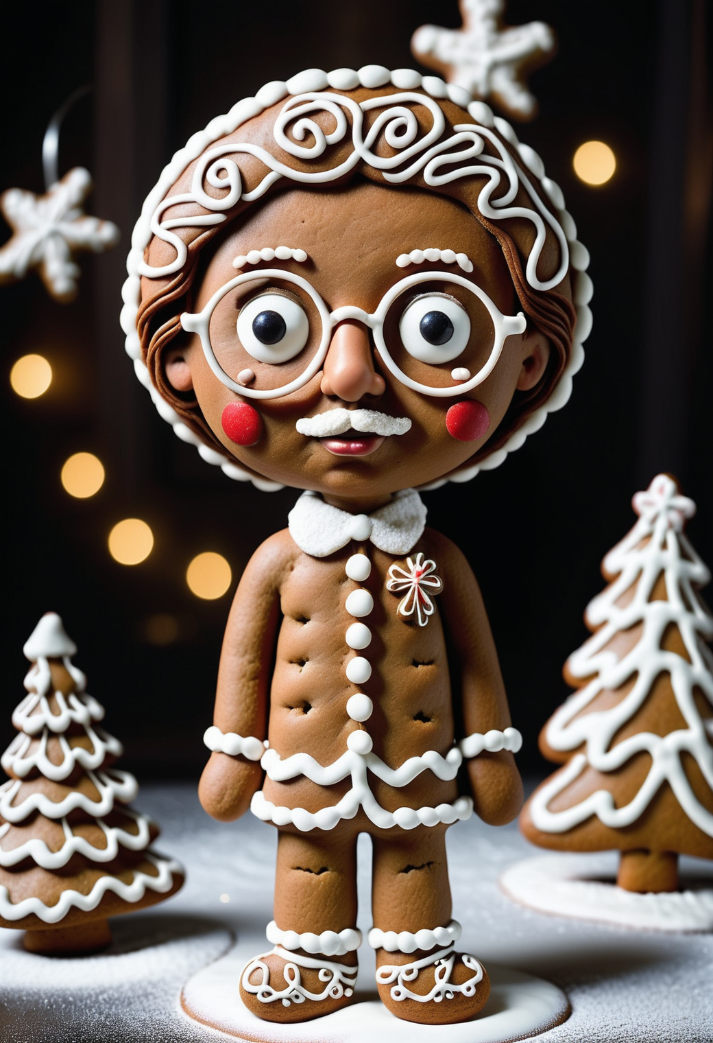 dark RAW photo, Fine Burundian (Stewie Griffin:1.2) , he has Chestnut hairstyle, groucho glasses, Hopeful, Ilford XP2 400, Depth of field 100mm, messy hair, masterpiece, very inspirational, <lora:GingerbreadStyle_epoch_10:0.8> Gingerbread, icing, candy, magical composition, original, ambient illumination, enhanced quality