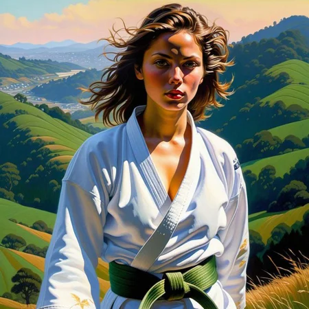 (((jp-j3c))), thick-stroke Oil Painting. ((detailed)), Turning view of (short, stocky girl). (pretty girl), alone on hill-top shrine, Japanese scenery, (poised), twinkling eyes, ((sweaty skin)), ((dimples)). clavicles. upturned torpedo breasts, Navel. Disheveled. ((wide-open high-quality thick white judo top hanging freely loose)). ((One breast totally exposed)). wearing long white Judo pants, Dimly lit from side. Very Dark background. golden hour lighting, (detailed nipples), (((carrying unworn green Judo belt))),