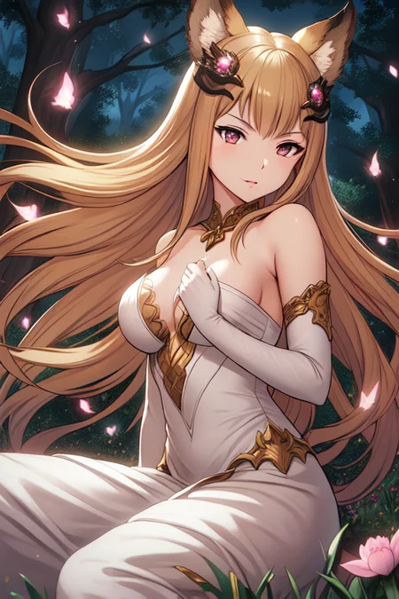 ((extreme detail)),(ultra-detailed),(painting), chiaroscuro, extremely detailed CG unity 8k wallpaper, masterpiece, best quality, <lora:MeteraGBFv1:0.7>Metera, white dress, hair ornament, long hair, forest, fireflies, night, pond, flowers,