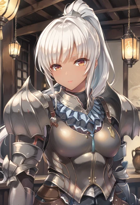 (score_9:0.9),score_8_up,score_7_up,rating_safe,anime style,(zPDXL),(zPDXL3),<lora:Kushala Armor ponyXL v1:0.7>,kushala armor,1girl,solo,bronze armored gauntlets,white hair,standing,looking at viewer,dark-skinned female,bronze shoulder armor,long hair,bronze breastplate,lantern,high ponytail,upper body,<lora:Creamcod-Style-PonyXL:1>,