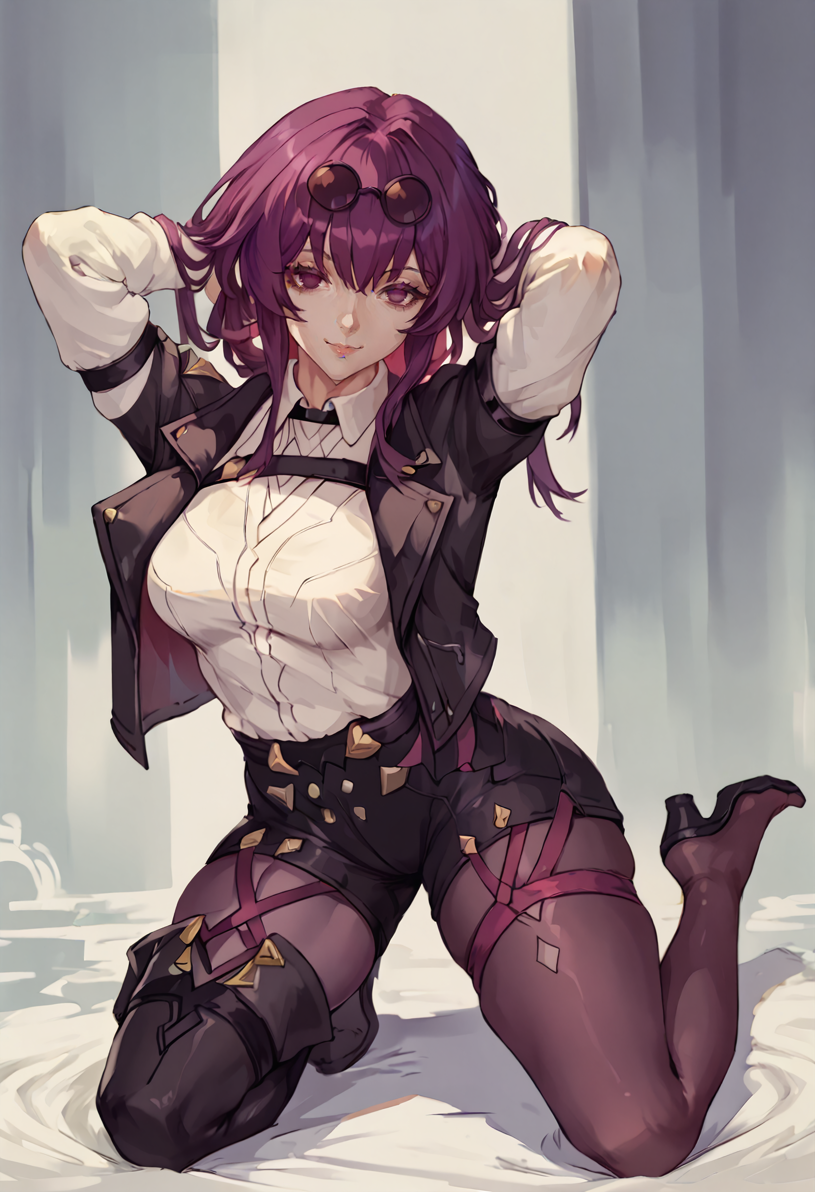 score_9, score_7_up BREAK  kafkapd, no pupils, bangs, purple hair, purple eyes, eyewear on head, collared shirt, gloves, jacket, pantyhose,kneeling,hands behind head,looking at viewer,light smile,asymmetrical legwear,single thigh boot,black shorts  <lora:kafka_pd_t4:1>