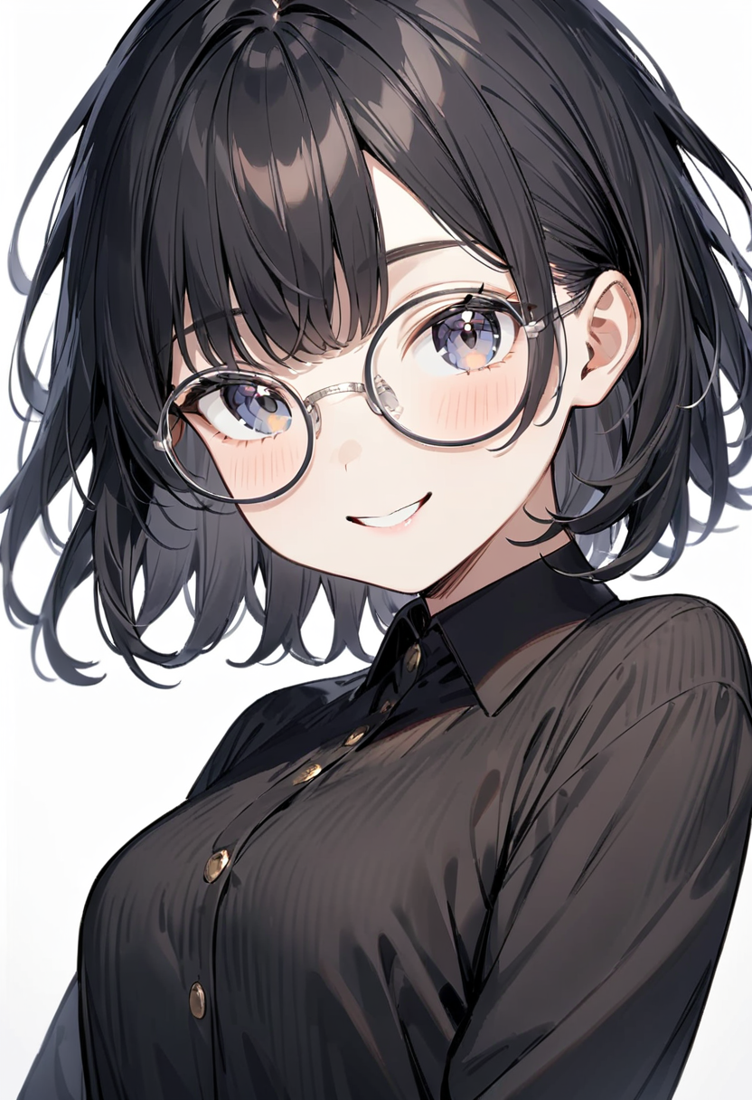 masterpiece, best quality, very aesthetic, absurdres,
1girl, solo, black hair, medium hair, smile, looking at viewer, upper body, collared shirt,
round_glasses22A, grey-framed eyewear, 
white background, simple background,
 <lora:round_glasses_metal-frame_SDXL_V1:1>