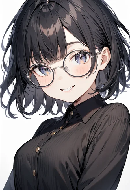 masterpiece, best quality, very aesthetic, absurdres,
1girl, solo, black hair, medium hair, smile, looking at viewer, upper body, collared shirt,
round_glasses22A, grey-framed eyewear, 
white background, simple background,
 <lora:round_glasses_metal-frame_SDXL_V1:1>