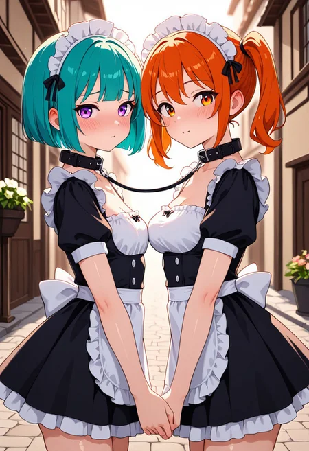 masterpiece, best quality, good quality, very aesthetic, absurdres, newest, 8K, depth of field, in the style of cknc, artist:moriimee, in the style of cksc,
2girls, original characters, yuri, playful mistress, long teal hair, twin tails, purple eyes, small breasts, perky, glossy skin, wearing gothic dress, holding leash, cheeky wink, shy pet, short orange hair, bob cut, amber eyes, medium breasts, firm, glossy skin, wearing collar, maid outfit, leash around neck, blushing shyly, holding hands, looking at viewer, from front
BREAK
bustling medieval street, white cobblestone, flower stalls
BREAK
anime style, vibrant colors, high contrast, dynamic light, golden hour lighting, sharp outlines, rich details, cute yet edgy atmosphere