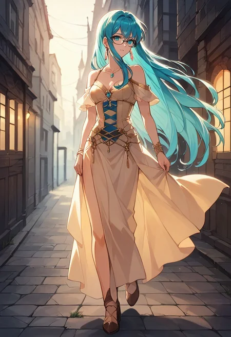 safe_pos, 1girl, solo, alone, score_9, score_8_up, score_7_up, masterpiece, high quality, source_anime, very detailed, depth of field, cinematic illumination, volumetric lighting, full color picture, vibrant colors, solo, alone, 

EikFE, aqua hair, long hair, sidelocks, aqua eyes, CFit, jewelry, earrings, sexy clothes, very slight cleavage, pretty, outdoors, village center, glasses, adult,

full body, standing, facing forward, 