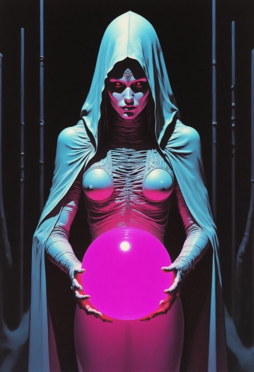 DNdGr41nyB0yz style, fantasy illustration of a a pale woman holding a glowing pink orb
