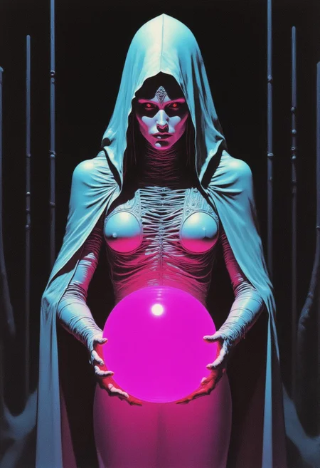 DNdGr41nyB0yz style, fantasy illustration of a a pale woman holding a glowing pink orb