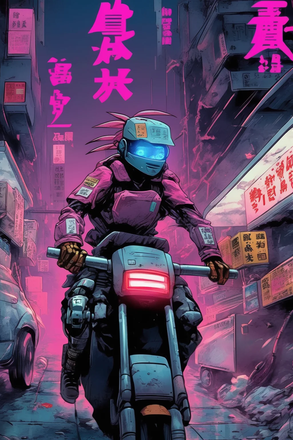<lora:Liam Wong Style:1>Liam Wong Style - gunnm manga, cyberpunk delivery driver, fighting for his life while delivering food in a dark city at the edge of the world