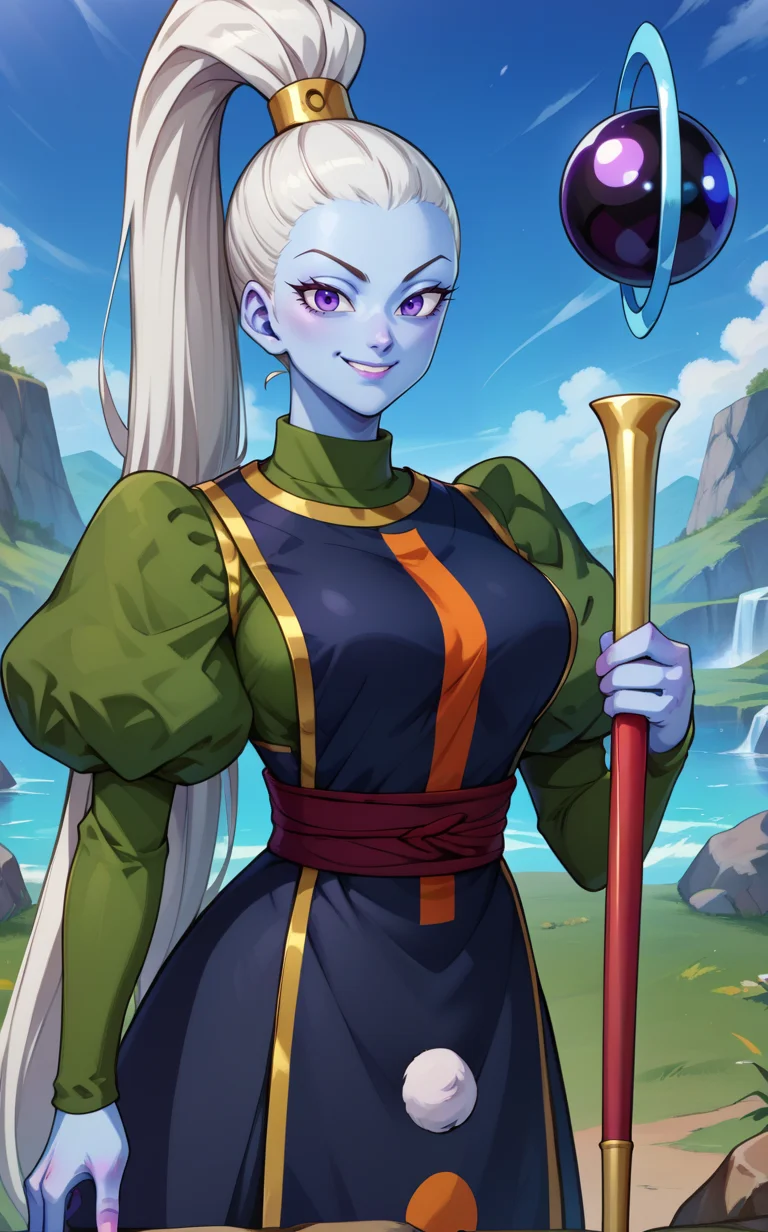 score_9, score_8_up, score_7_up, BREAK, <lora:vados:1> VadosSDXL, 1girl, solo, long hair, breasts, looking at viewer, smile, large breasts, rocks background, long sleeves, dress, holding, very long hair, purple eyes, ponytail, white hair, puffy sleeves, sash, colored skin, high ponytail, juliet sleeves, staff, puffy long sleeves, holding staff, blue skin, hair pulled back, cowboy shot,
