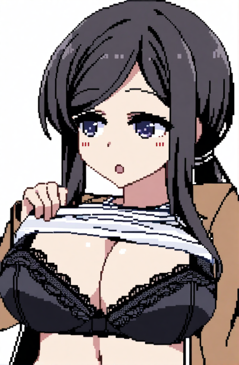 character: Kanae (å¶ç»), character: Kanae (å¶ç») clothes1, pixel art, 1girl, solo, simple background, upper body, white background, looking to the side, lifted by self, long hair, open mouth, black hair, low ponytail, sidelocks, brown jacket, large breasts, cleavage, open jacket, shirt lift, navel, white striped shirt, black bra, long sleeves, :o, denim, lace trim
 <lora:summer memories v8.3 (å¤æè£æ­£ååå¾ç¿»è½¬)-000004:1>