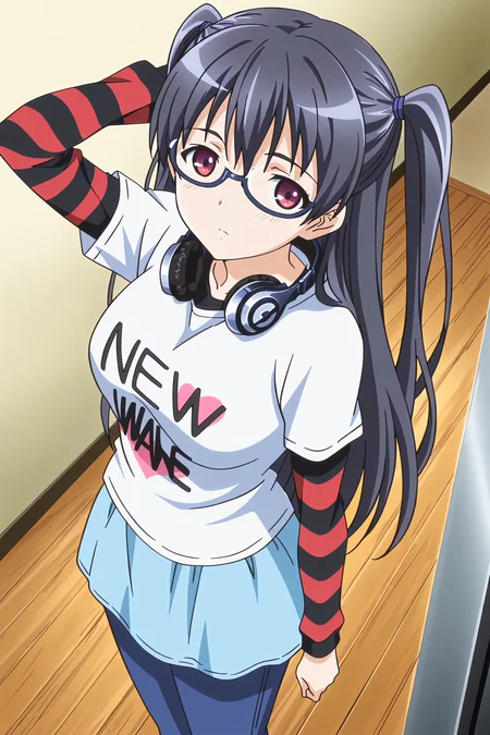 anime screencap, anime coloring, detailed face, masterpiece, best quality, very aesthetic, absurdres, volumetric lighting, official style, amazing quality, ultra detailed, highres, amazing quality, scenery, beautiful detailed hair, beautiful detailed eyes, <lora:StS-Illustrious-Detail-Slider-v1.0:4> <lora:Eroge_H_mo_Game_mo_Kaihatsu_Zanmai_-_All_characters_in_one_model_-_Kisara_Himeno_Momoka_Fujiwara_Iori_Kousaka_Nene_Sonono_Reina_Otori_Remon_Aizawa_Tomoya_Mochizuki:1> in a room, Iori Kousaka (character), 1girl, solo, headphones, New Wave t-shirt (outfit), headphones around neck, glasses, black hair, dark blue pants, light blue skirt, long hair, shirt, standing, looking at viewer, sandles, striped sleeves, arm up, hand behind head, view from above, neutral expression, twintails, two side up