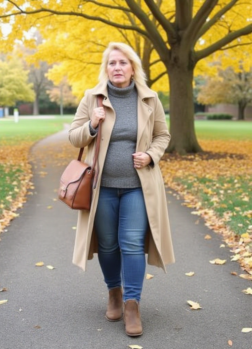 SFW, The image shows a woman walking in a park during autumn. She is wearing a long beige trench coat, a grey turtleneck sweater, blue jeans, and brown ankle boots. She has a brown handbag slung over her shoulder and is looking off to the side with a serious expression on her face. The trees in the background are covered in yellow leaves, indicating that the photo was taken during the fall season. The ground is covered in fallen leaves, creating a beautiful contrast with the warm colors of the trees., aidmaimageupgrader<lora:flux\custom\adult\amber-conners.safetensors:1.0:1.0> <lora:turbo-8-step-flux.safetensors:0.5:0.5> <lora:flux\style\Common\aidmaImageUprader-FLUX-v0.3.safetensors:0.25:0.25>