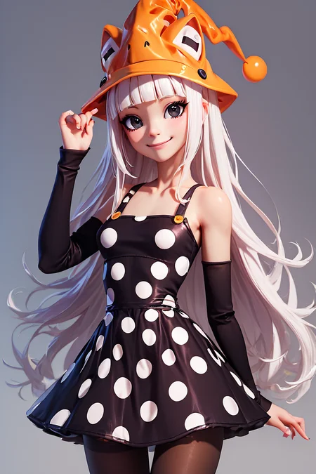 score_9, score_8_up, score_8, medium breasts, (curvy), cute, eyelashes, BREAK, , zzEruka, black eyes, white hair, blunt bangs, long hair, orange hat, polka dot dress, black dress, black sleeves, pantyhose, <lora:ErukaFrog_SoulEater_PDXL_v2:1.0>, , BREAK, smile, closed mouth, looking at viewer, cowboy shot, ,,, embedding:zPDXL, Expressiveh, ,,, <lora:BeautifulCAT_PDXL:0.8>, <lora:SDXLFaeTastic2400:0.5>, <lora:Expressive_H-000001:0.4>,