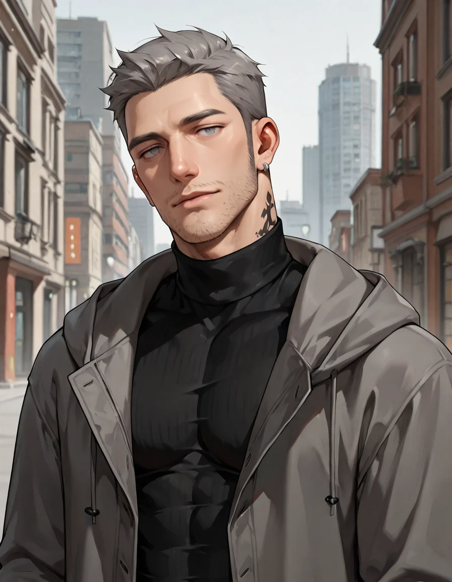 masterpiece, best quality, absurdres, newest, perfect quality, best quality, absolutely eye-catching, detailed background, intricate details, realistic, male focus, solo, <lora:Persona 5 - Munehisa Iwai - Illustrious_1:0.7>, m_iwai, 1boy, mature male, grey hair, grey eyes, long sideburns, stubble, neck tattoo, earrings, grey long coat, black turtleneck, hood down, head tilt, come hither, looking at viewer, outdoors, city, trees, upper body, standing, pierced left ear