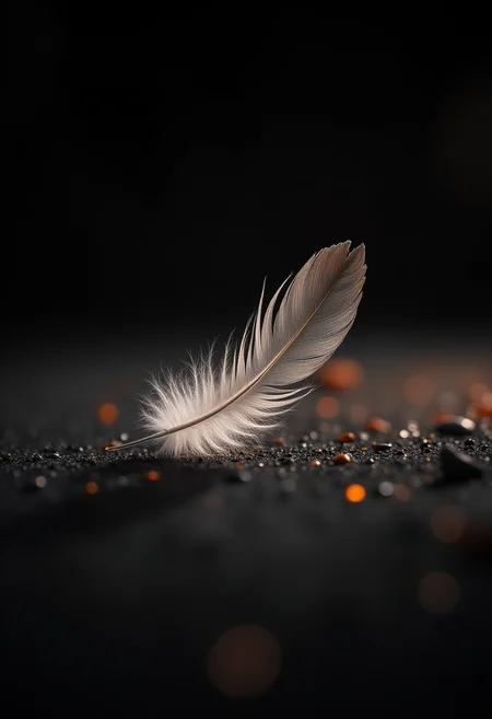 monochrome photo, extreme detailed, Macro lens, extreme close up, one single feather lies on a ground with interesting textures, some dewdrops in which the light refracts, background deep black, some orange light, Focus light and create sharp defined edges, 8k, some orange particles