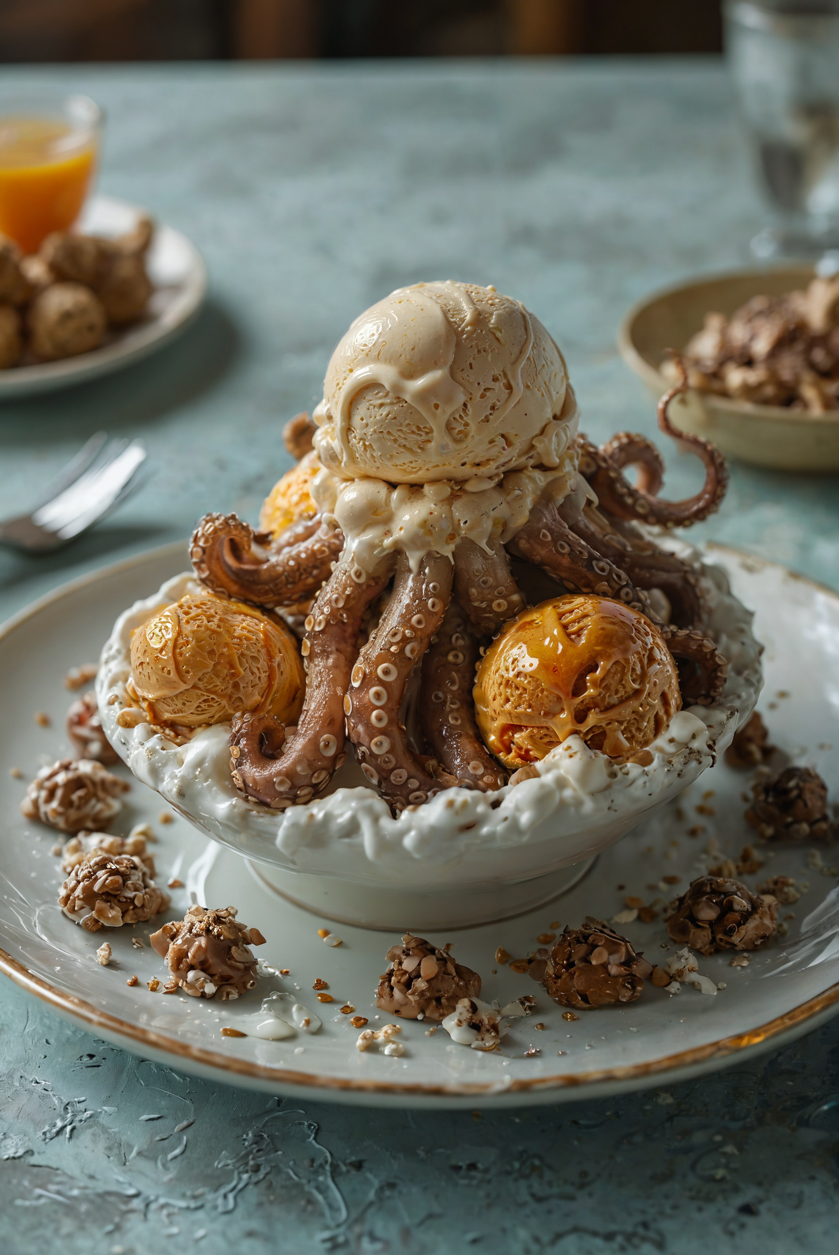 Create a visually stunning octopus ice cream sundae, served on an elegant plate. The sundae features scoops of orange ice cream with realistic, varied shades of brown, and (garnished with rolled up tentacle pieces:3.0). Top it with whipped cream and drizzle with chocolate sauce, sprinkled with a variety of nuts. Ensure the background is a warm, indoor setting with soft, natural light filtering through, creating a cozy, inviting atmosphere. The composition should be well-lit, highlighting the textures and colors of the ice cream and tentacles, making it look delicious and visually intriguing.
sharp focus, hyperdetailed photography, masterpiece, best quality, high quality, highres, ultra-detailed, best quality, 8K, high resolution, extreme detail, (outstanding composition:1.4)
<lora:add-detail-xl:2> <lora:MJ52:0.5> <lora:great_lighting:2> great lighting