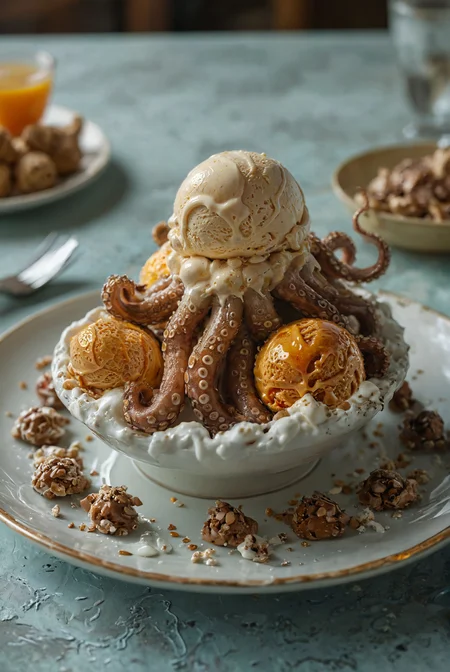 Create a visually stunning octopus ice cream sundae, served on an elegant plate. The sundae features scoops of orange ice cream with realistic, varied shades of brown, and (garnished with rolled up tentacle pieces:3.0). Top it with whipped cream and drizzle with chocolate sauce, sprinkled with a variety of nuts. Ensure the background is a warm, indoor setting with soft, natural light filtering through, creating a cozy, inviting atmosphere. The composition should be well-lit, highlighting the textures and colors of the ice cream and tentacles, making it look delicious and visually intriguing.
sharp focus, hyperdetailed photography, masterpiece, best quality, high quality, highres, ultra-detailed, best quality, 8K, high resolution, extreme detail, (outstanding composition:1.4)
<lora:add-detail-xl:2> <lora:MJ52:0.5> <lora:great_lighting:2> great lighting
