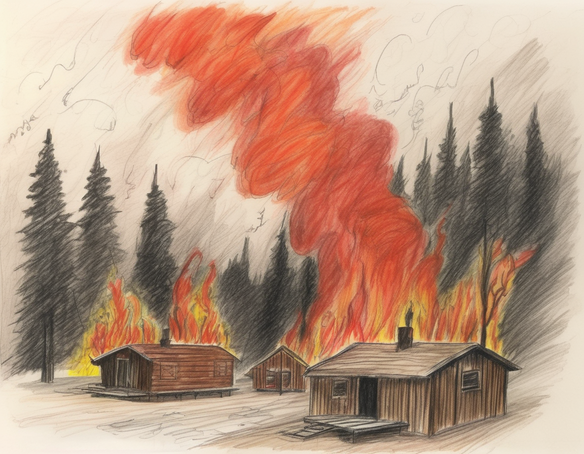 A harrowing scene of a forest fire in the deep mountains, engulfing a few wooden cabins, depicted as a hellish inferno. The fire rages with towering flames, thick smoke, and glowing embers, consuming trees, bushes, and the wooden cabins. The perspective might include a terrified observer or wildlife fleeing the scene, adding to the chaos and urgency. The scene should be as vivid and detailed as a high-resolution painting or illustration, with harsh and dramatic lighting that emphasizes the destructive power of the fire, the heat, and the apocalyptic atmosphere. The wooden cabins should be detailed, showing signs of burning and distress, <lora:crayons_v1_sdxl:0.85>