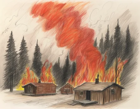 A harrowing scene of a forest fire in the deep mountains, engulfing a few wooden cabins, depicted as a hellish inferno. The fire rages with towering flames, thick smoke, and glowing embers, consuming trees, bushes, and the wooden cabins. The perspective might include a terrified observer or wildlife fleeing the scene, adding to the chaos and urgency. The scene should be as vivid and detailed as a high-resolution painting or illustration, with harsh and dramatic lighting that emphasizes the destructive power of the fire, the heat, and the apocalyptic atmosphere. The wooden cabins should be detailed, showing signs of burning and distress, <lora:crayons_v1_sdxl:0.85>