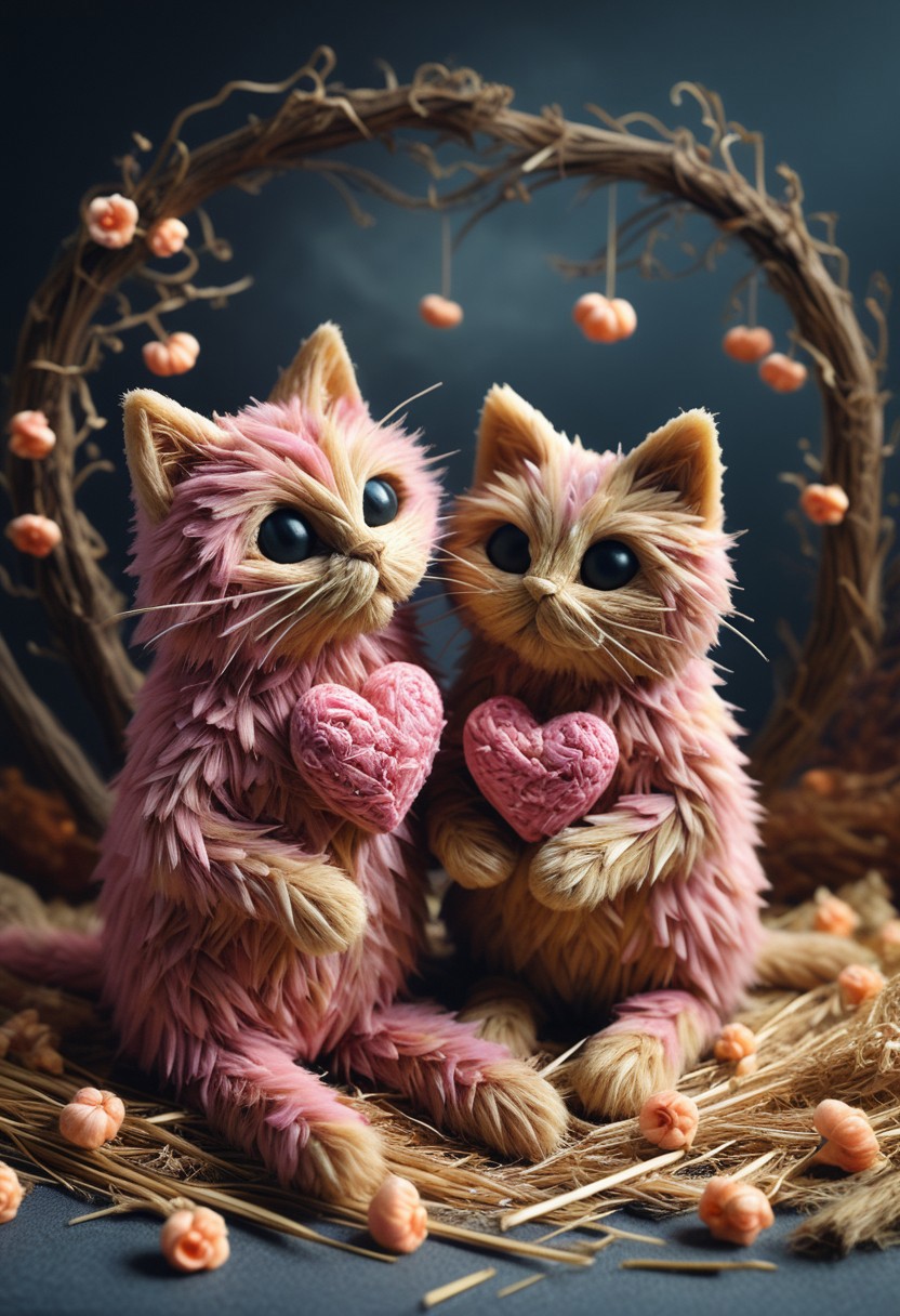 ((Halloween style)) masterpiece, best quality, absurdres, cats made of Straw sitting on a tree branch, facing each other in an intimate and harmonious pose. They are surrounded by delicate, blooming branches with small flowers, adding a serene and romantic atmosphere. The background is softly blurred, focusing the viewer's attention on the cats and their interaction. The lighting is soft, emphasizing the texture of their fur and the gentle ambiance of the scene. pink heart in front of them, ((everything made out of Straw))