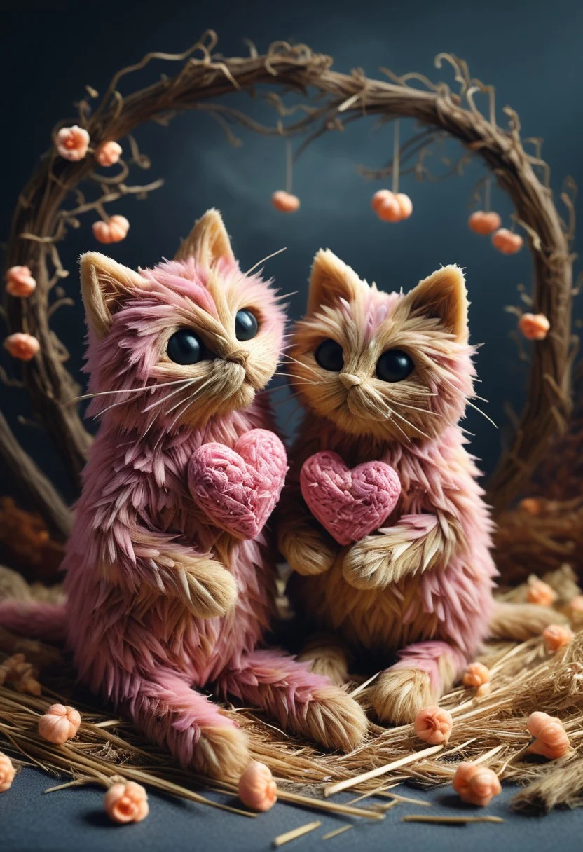 ((Halloween style)) masterpiece, best quality, absurdres, cats made of Straw sitting on a tree branch, facing each other in an intimate and harmonious pose. They are surrounded by delicate, blooming branches with small flowers, adding a serene and romantic atmosphere. The background is softly blurred, focusing the viewer's attention on the cats and their interaction. The lighting is soft, emphasizing the texture of their fur and the gentle ambiance of the scene. pink heart in front of them, ((everything made out of Straw))