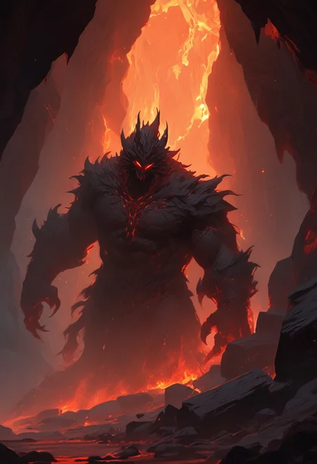 "Inside a vast, dark volcanic cave, the walls glow with the fiery red-orange light of molten lava flowing through cracks in the stone. In the center of the cave stands Shadow Fiend, Nevermore, a towering, menacing figure cloaked in darkness and shadowy flames. His glowing red eyes pierce through the gloom as he stands tall, his sharp claws outstretched, radiating an aura of dread and power. The ground beneath him is scorched, with small embers rising around his feet. He looks down the cave tunnel with a mix of impatience and malevolence, waiting for a worthy challenger to step into his domain. The scene is filled with an intense, oppressive atmosphere, with smoke and heat swirling in the air, making the cave feel like the very heart of a volcano."