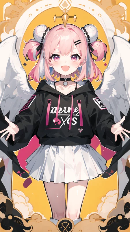 masterpiece, best quality, 1girl, solo, looking_at_viewer, smile, open_mouth, skirt, simple_background, shirt, hair_ornament, pink_hair, jacket, pink_hair, :d, multicolored_hair, pleated_skirt, wings, choker, hairclip, hood, pink_eyes, hair_bun, chibi, black_shirt, double_bun, black_choker, blush_stickers, white_skirt, yellow_background, feathered_wings, angel_wings, white_wings, <lora:animetarotV41:1>