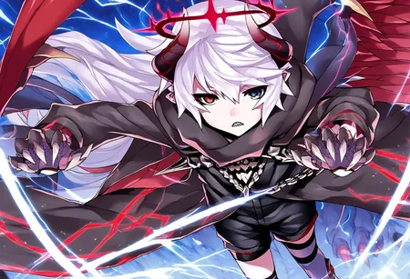 Score_9, Score_8_up, Score_7_up, Score_6_up, Score_5_up, Source_anime, rating_safe, 1boy, Vandelieu, emotionless face, white hair, heterochromia, red and blue eyes, black shirt, black shorts, black trenchcoat, walking, looking at viewer, {{{claw, sharp nails, very long fingernails:2}}}, claw pose, seraph wings, 6 wings, red crown halo, demon horns, ram horns, dark kingdom, dutch angle